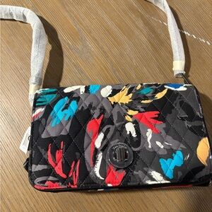 Black and Red Crossbody Bag with Abstract Pattern